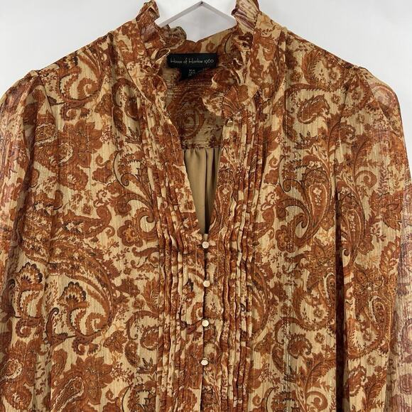 House Of Harlow 1960 Paisley Metallic Gold Ruffle Lined Dress Long Sleeve Size 6 - Picture 3 of 9